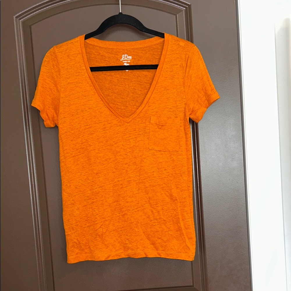 J. Crew Women's Bright Orange V-Neck 100% Linen Pocket Tee